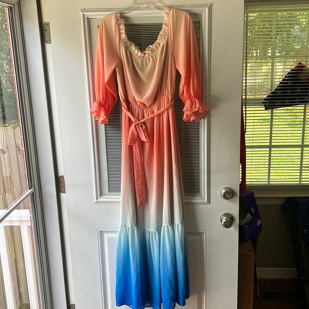 Cotton candy colored ombre, Maxi longsleeve, fully lined with belt NEVER WORN